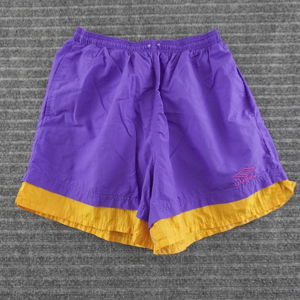 Vintage 90s Umbro Soccer Shorts Mens Large Purple Yellow Sand Soccer USA